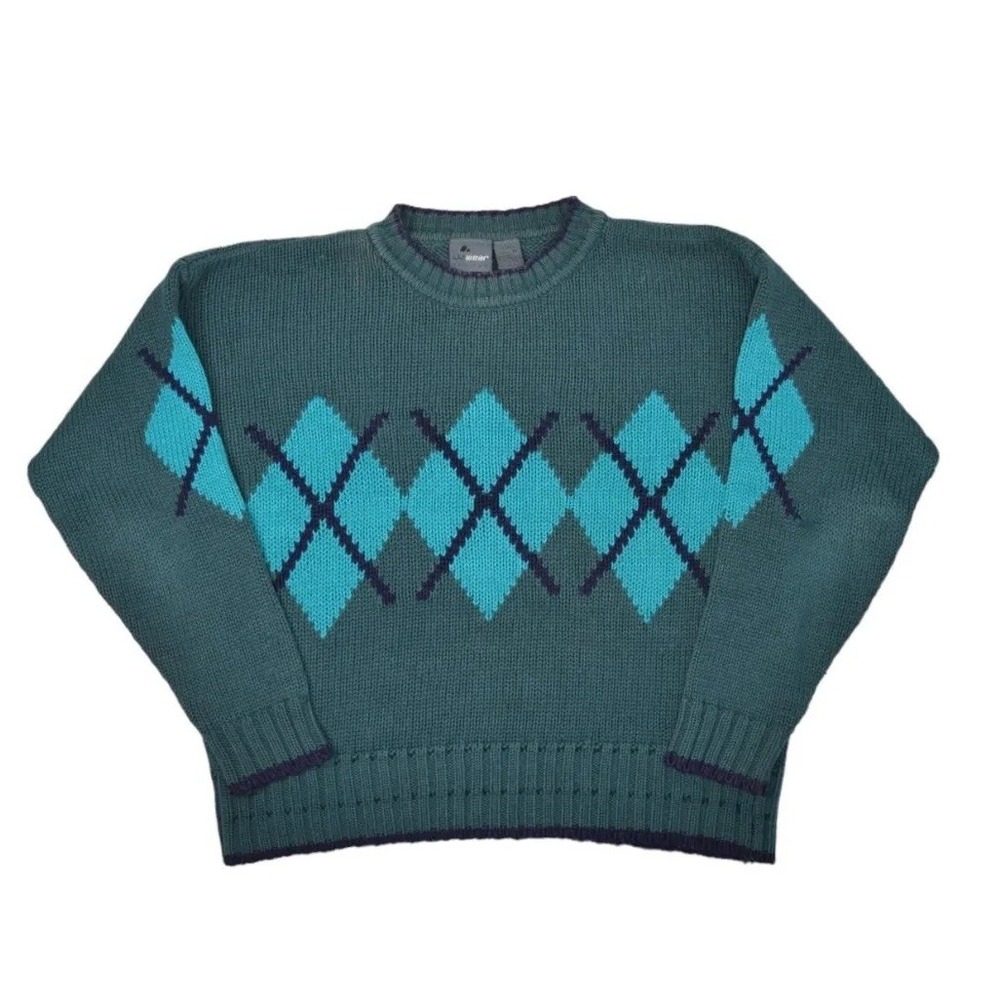 Liz Claiborne Sweater Womens Medium Petite Green Argyle Chunky Ramie Knit Liz